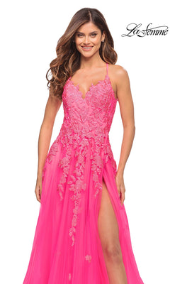 La Femme 30693 long prom dress in neon pink, featuring a floor-length silhouette, plunging neckline, floral lace bodice, and a high leg slit.