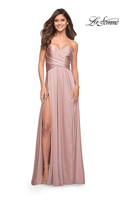 Woman in the Long Prom Dress: La Femme 30700, blush pink, strapless with a high slit and sweetheart neckline; “La Femme” logo in upper right corner.