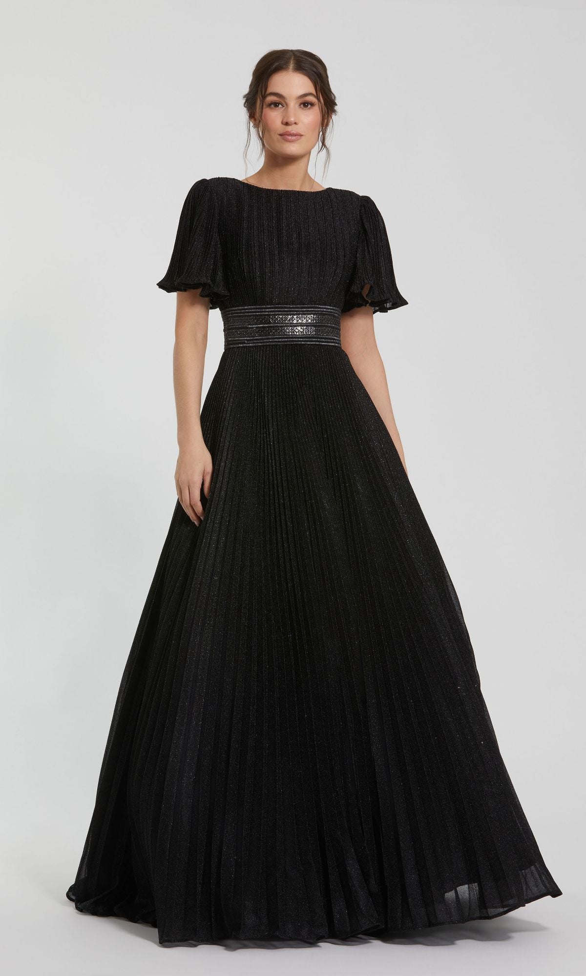 Black Pleated Shimmering Flutter Sleeve Gown - Mac Duggal US 12 Black Pleated Shimmering Flutter Sleeve Gown - Mac Duggal US 12
