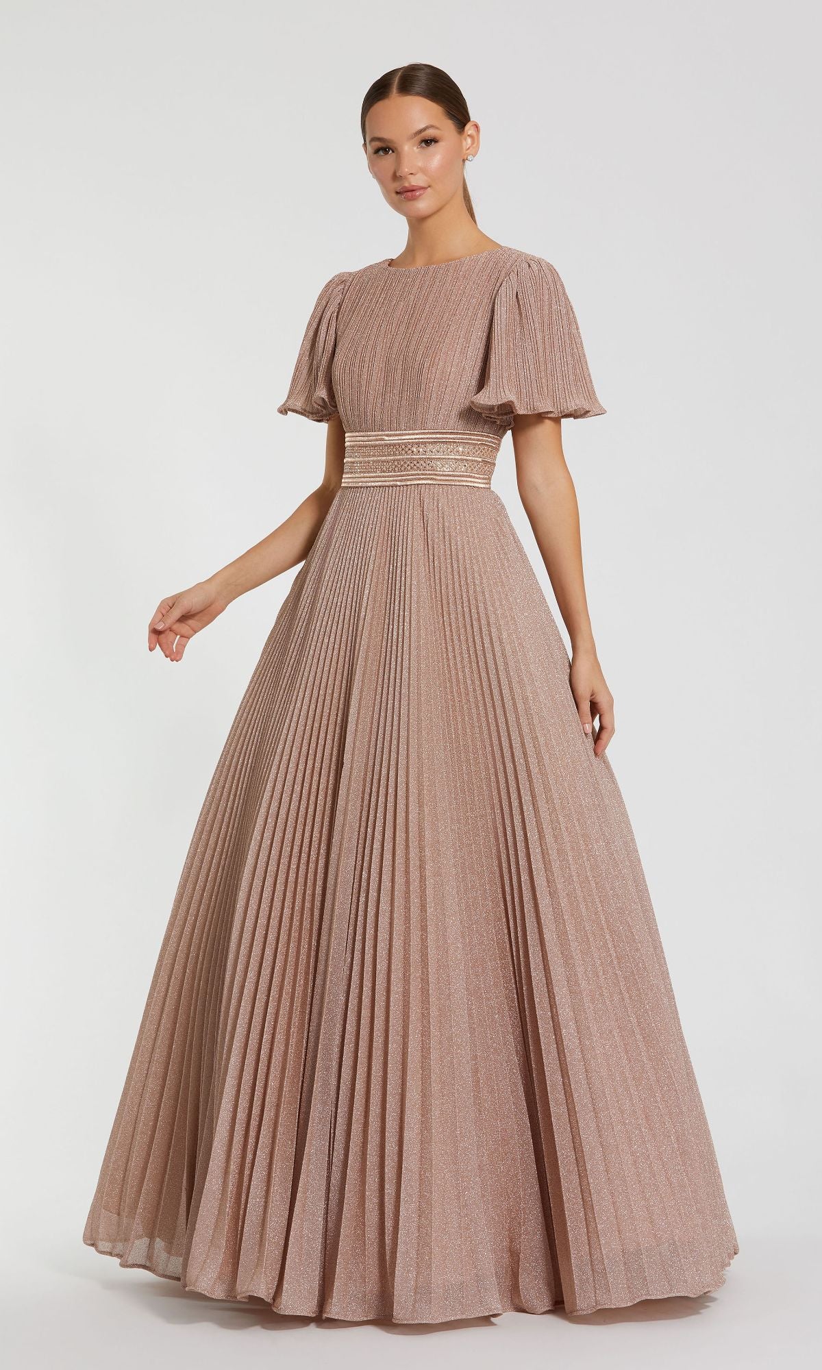 fitted pleated dress Gold Pattern Sequin Prom Dress Long Fitted with Slit – DressCulture