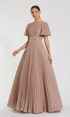 A woman wears the Mac Duggal 30776 Short Sleeve Long Formal Dress in rose gold, featuring flutter sleeves, a fitted waistband, and pleats, standing against a plain white background.
