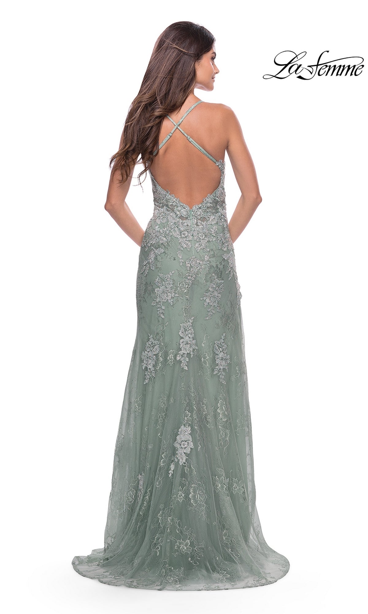 High-Slit La Femme Long Lace Prom Dress 30794