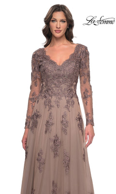 Long Formal Dress: La Femme 30795 featuring a mauve-colored formal gown with sheer sleeves and beaded lace appliques adorning the bodice and tulle A-line skirt.