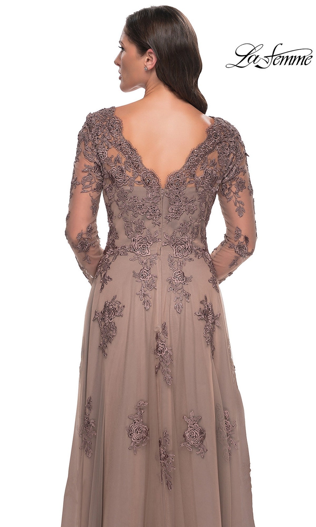 Back view of the Long Formal Dress: La Femme 30795, a mocha-colored gown featuring a V-neck, floral lace overlay, and a tulle A-line skirt.