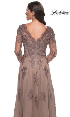 Back view of the Long Formal Dress: La Femme 30795, a mocha-colored gown featuring a V-neck, floral lace overlay, and a tulle A-line skirt.
