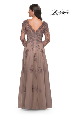 Back view of the Long Formal Dress: La Femme 30795, a taupe floor-length gown featuring a V-neckline, beaded lace applique sleeves, and floral embroidery cascading onto a tulle A-line skirt.