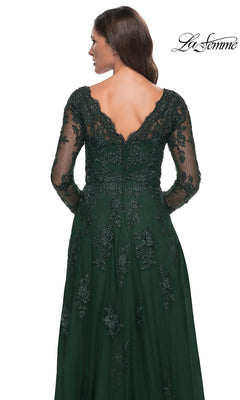Back view of the Long Formal Dress: La Femme 30795, a dark green, long-sleeved gown with a V-neckline, beaded lace appliques, and a flowing tulle A-line skirt.