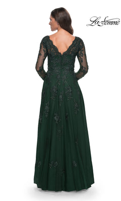 Back view of the Long Formal Dress: La Femme 30795, a floor-length, dark green gown with a tulle A-line skirt, long lace sleeves, and beaded lace appliques on the bodice and skirt.