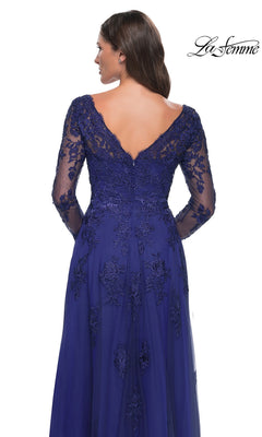 La Femme 30795 is a long, dark blue formal gown with a V-neckline, long beaded lace sleeves, and floral embroidery across the bodice and A-line skirt.