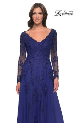 La Femme 30795 long-sleeved navy blue formal gown with a V-neckline and intricate beaded lace appliques on a tulle A-line skirt.