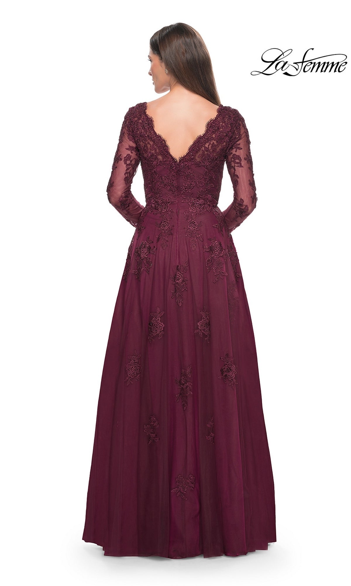 Back view of a woman wearing a Long Formal Dress: La Femme 30795, a deep burgundy gown featuring long beaded lace appliques, a V-neckline, and a tulle A-line skirt.