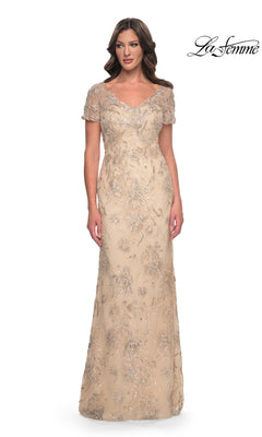 Long Formal Dress: La Femme 30798 in light gold, a floor-length beaded gown with short sleeves, a V-neckline, and all-over floral embroidery.