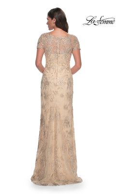Long Formal Dress: La Femme 30798, a floor-length, short-sleeved V-neck formal gown in a neutral tone with an embroidered floral overlay.