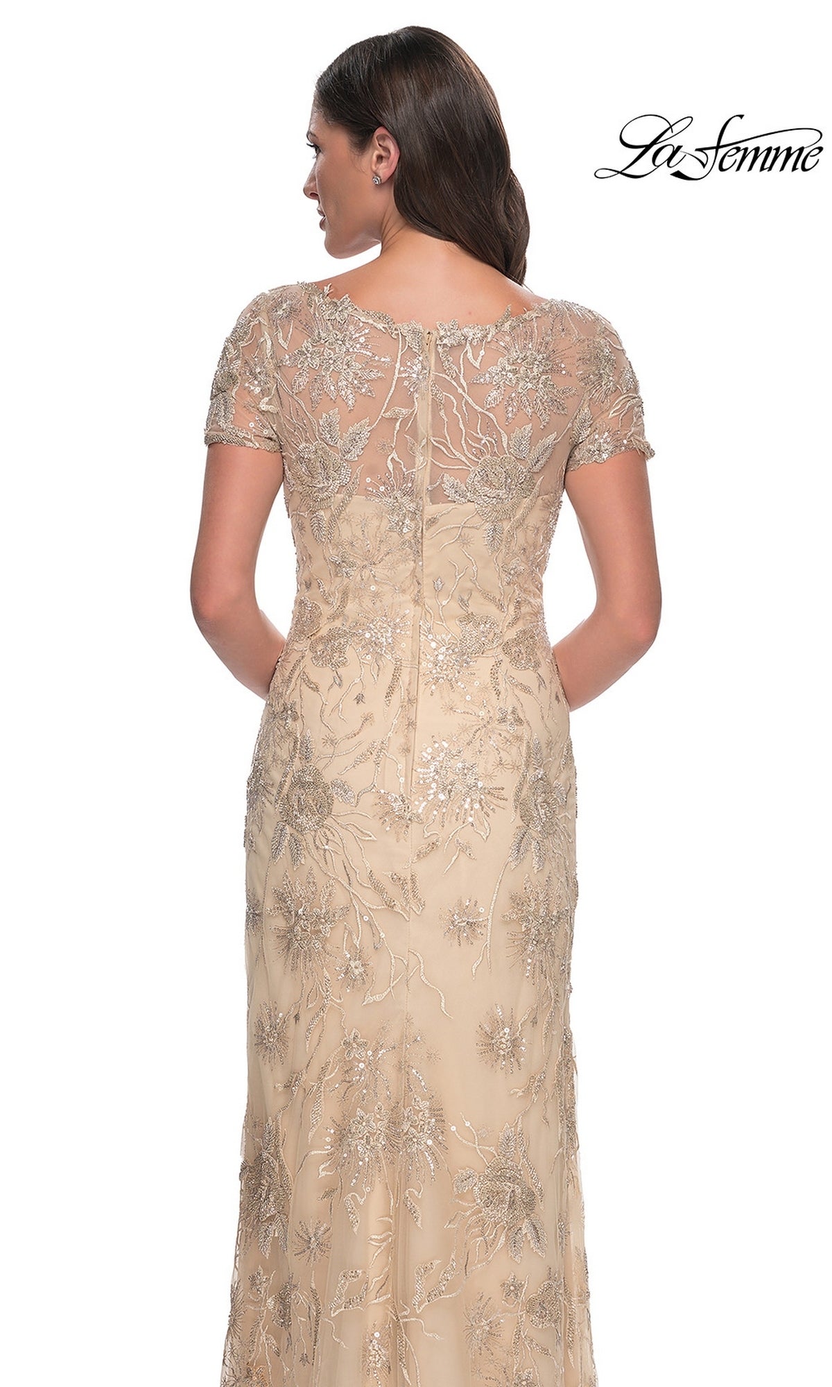 Back view of the Long Formal Dress: La Femme 30798, featuring a short-sleeved V-neck, sheer neckline, and metallic floral embroidery.