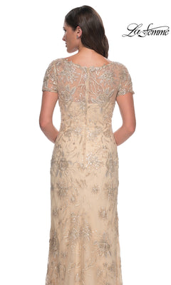 Back view of the Long Formal Dress: La Femme 30798, featuring a short-sleeved V-neck, sheer neckline, and metallic floral embroidery.