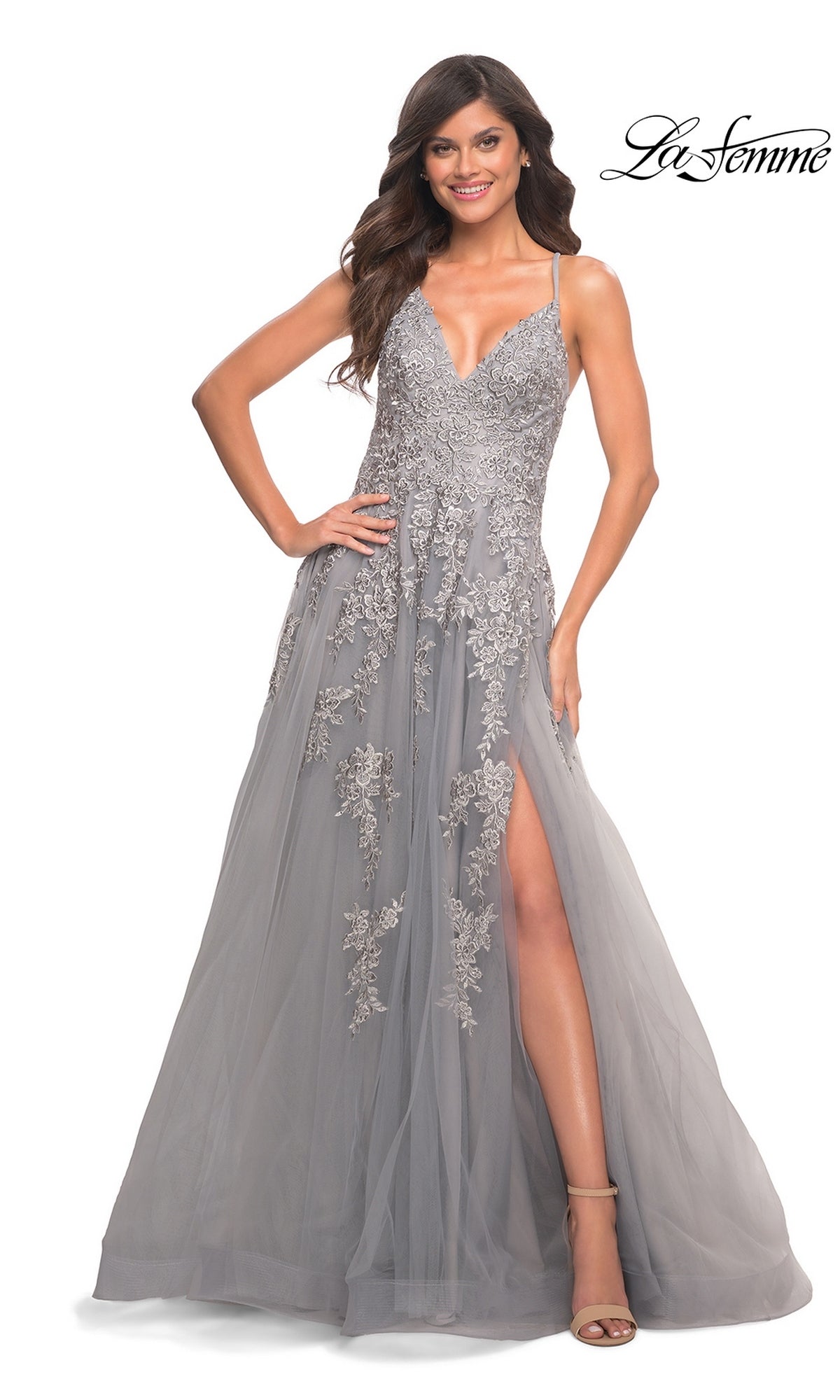 La Femme 30810 long silver prom dress with a V-neckline, spaghetti straps, floral embroidery, and a high side slit.