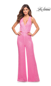 La Femme Neon Pink Long Sequin Prom Jumpsuit 30811