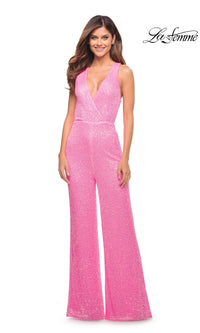 La Femme Neon Pink Long Sequin Prom Jumpsuit 30811