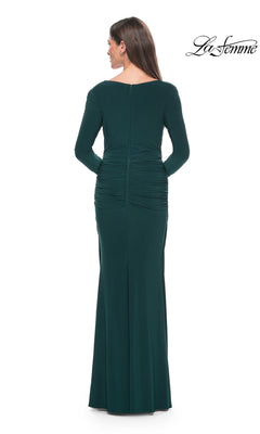 Back view of a woman wearing the dark green, floor-length, long-sleeve Long Formal Dress: La Femme 30813 with a gathered waist.