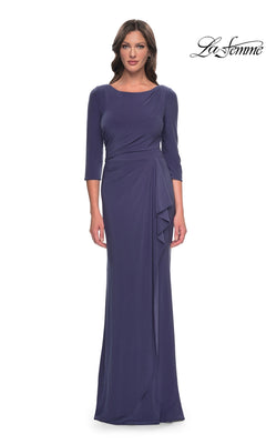 Long Formal Dress: La Femme 30814 in smoky blue featuring a floor-length cut, three-quarter sleeves, a boat neckline, and a draped side ruffle.