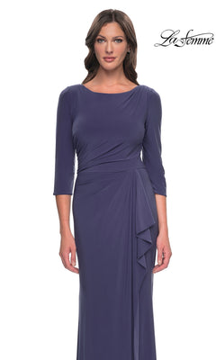 La Femme 30814 smoky blue floor-length formal dress featuring three-quarter sleeves, a boat neckline, and draped side detail.