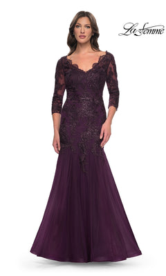 La Femme 30823 dark berry floor-length mermaid dress with a V-neckline, three-quarter length sleeves, and intricate beaded lace embroidery, perfect for formal evening weddings.