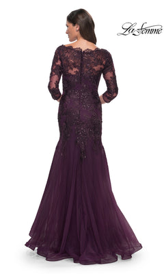 Long Formal Dress: La Femme 30823 in plum, featuring a floor-length modest lace mermaid silhouette with three-quarter sleeves and sequin detailing on the bodice.