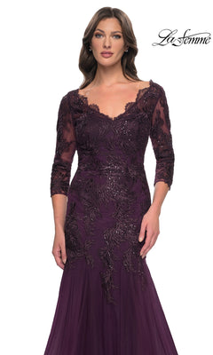 La Femme 30823 dark purple, floor-length modest lace mermaid dress with a V-neckline, three-quarter length sleeves, and intricate appliqué detailing.