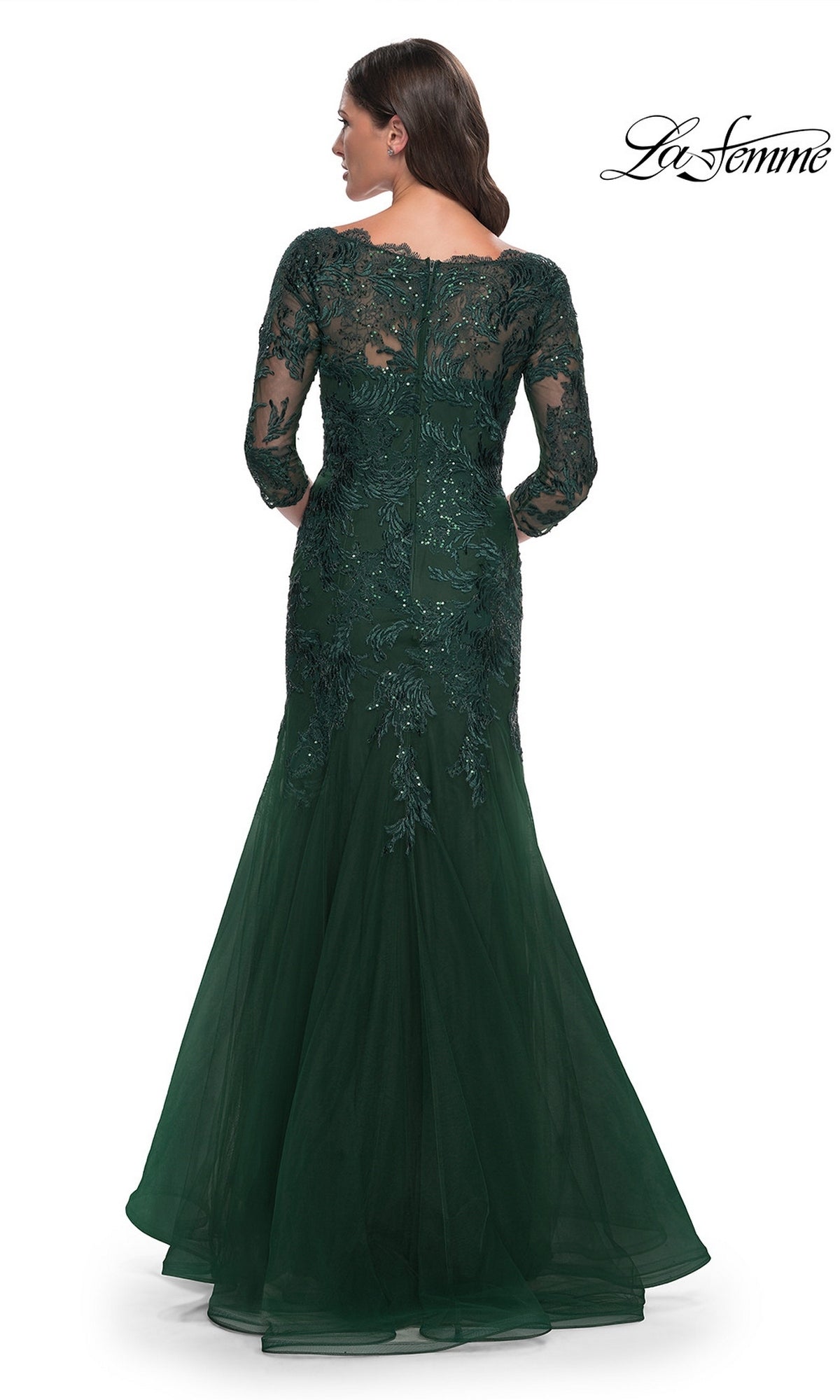Back view of the Long Formal Dress: La Femme 30823, a dark green, floor-length modest lace mermaid dress with three-quarter sleeves and sequined embellishments over the bodice and upper skirt.