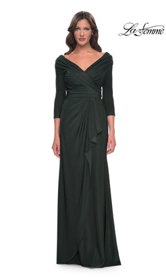 A dark emerald, floor-length La Femme 30845 jersey formal dress with three-quarter sleeves, a draped off-the-shoulder V-neckline, and a gathered side detail.