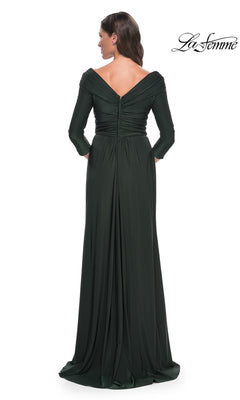 Back view of a woman wearing a dark green, floor-length Long Formal Dress: La Femme 30845 with three-quarter sleeves and an off-the-shoulder neckline.