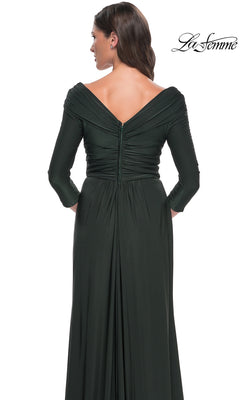 Back view of a woman in a dark green La Femme 30845 long formal dress, featuring a three-quarter sleeve design with a ruched off-the-shoulder neckline.