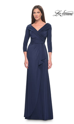 Long Formal Dress: La Femme 30845 in navy blue, featuring a floor-length jersey design with three-quarter sleeves, a V-neckline, and a ruched bodice.