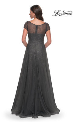 Back view of the Long Formal Dress: La Femme 30852 in charcoal gray, featuring cap sleeves and a sheer, rhinestone-beaded bodice and skirt.
