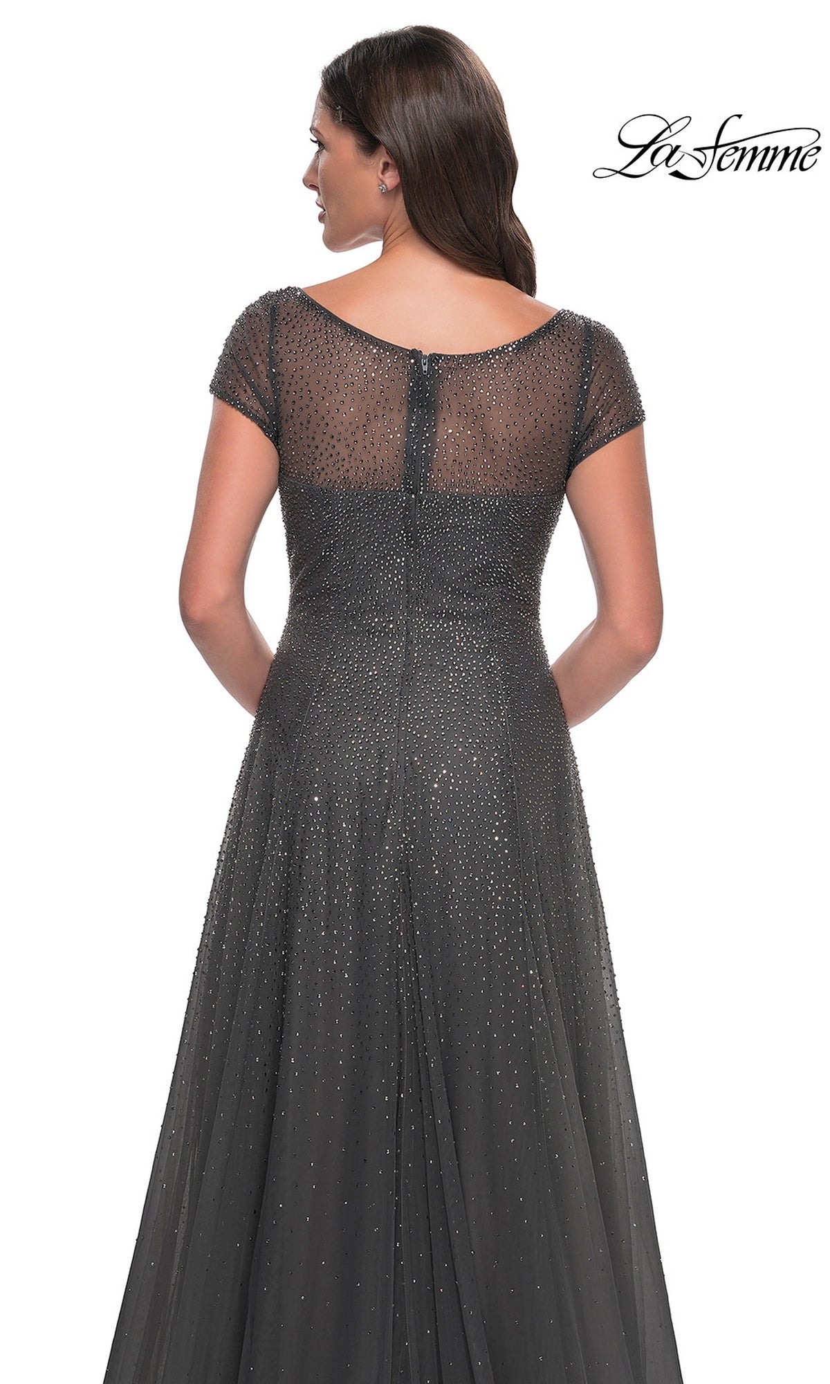 Back view of the Long Formal Dress: La Femme 30852, a dark grey, cap-sleeve, floor-length gown covered in small shimmering rhinestone embellishments.