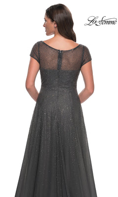 Back view of the Long Formal Dress: La Femme 30852, a dark grey, cap-sleeve, floor-length gown covered in small shimmering rhinestone embellishments.