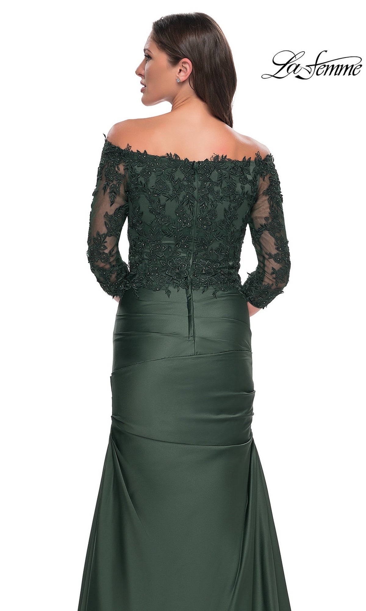 Back view of the Long Formal Dress: La Femme 30853, a dark green, off-the-shoulder gown with long, beaded lace sleeves and a fitted trumpet skirt.