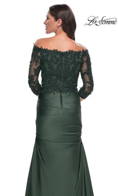 Back view of the Long Formal Dress: La Femme 30853, a dark green, off-the-shoulder gown with long, beaded lace sleeves and a fitted trumpet skirt.