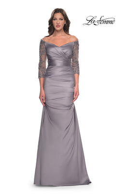 Long Formal Dress: La Femme 30853 in silver, featuring an off-the-shoulder design, elbow-length lace sleeves, a ruched bodice, and a trumpet skirt.