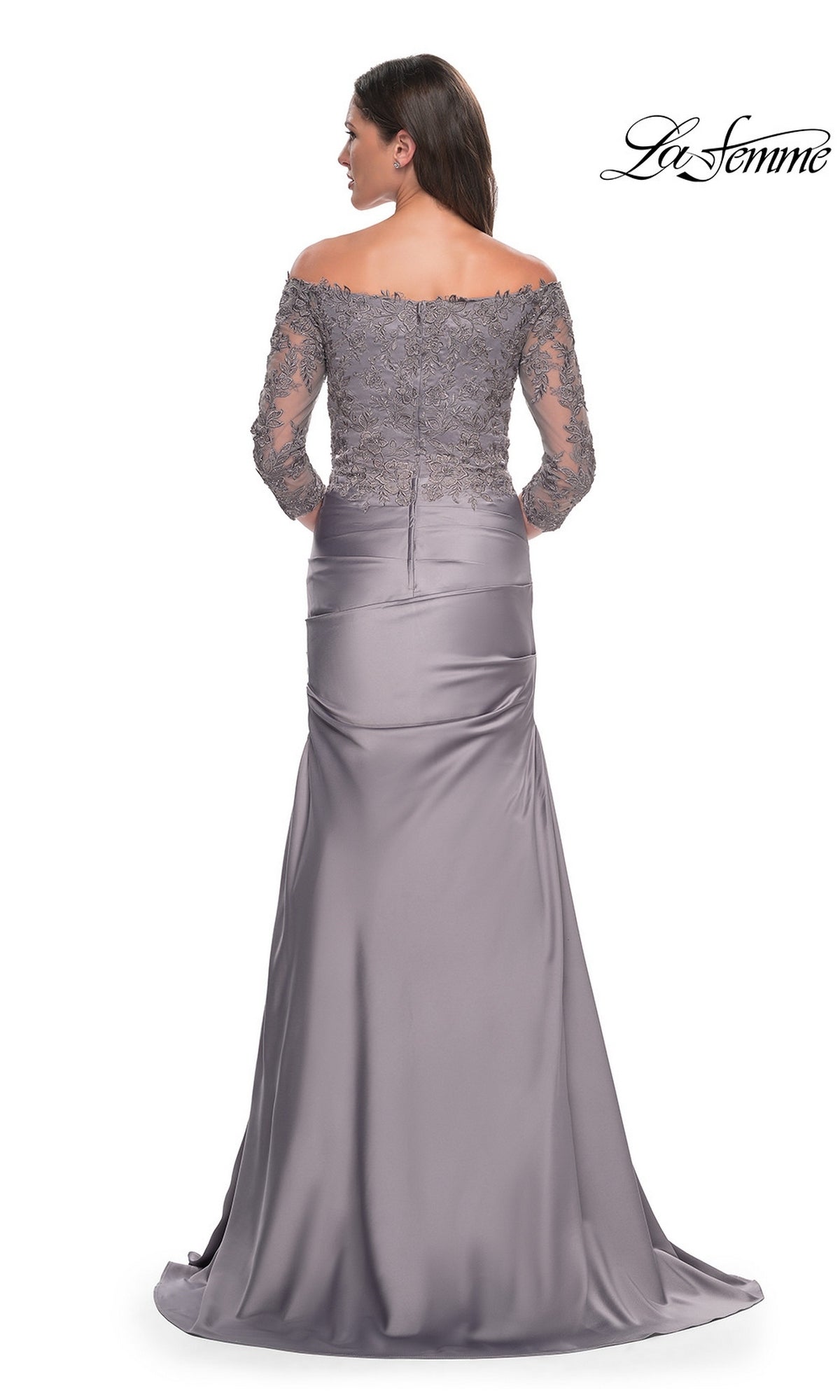 La Femme 30853 grey off-the-shoulder evening gown with three-quarter length lace sleeves and a full-length trumpet skirt.