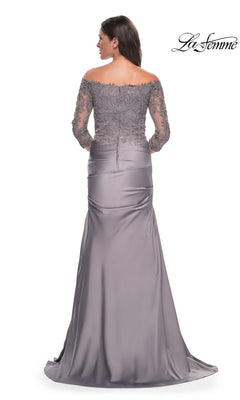 La Femme 30853 grey off-the-shoulder evening gown with three-quarter length lace sleeves and a full-length trumpet skirt.