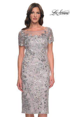 La Femme 30854 knee-length silver wedding guest dress featuring a sheer illusion neckline, short sleeves, and all-over floral embroidery and sequins.
