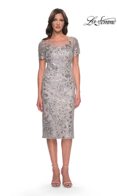 Silver La Femme 30854 knee-length wedding guest dress with a sheer neckline, short sleeves, and sequin floral embroidery.