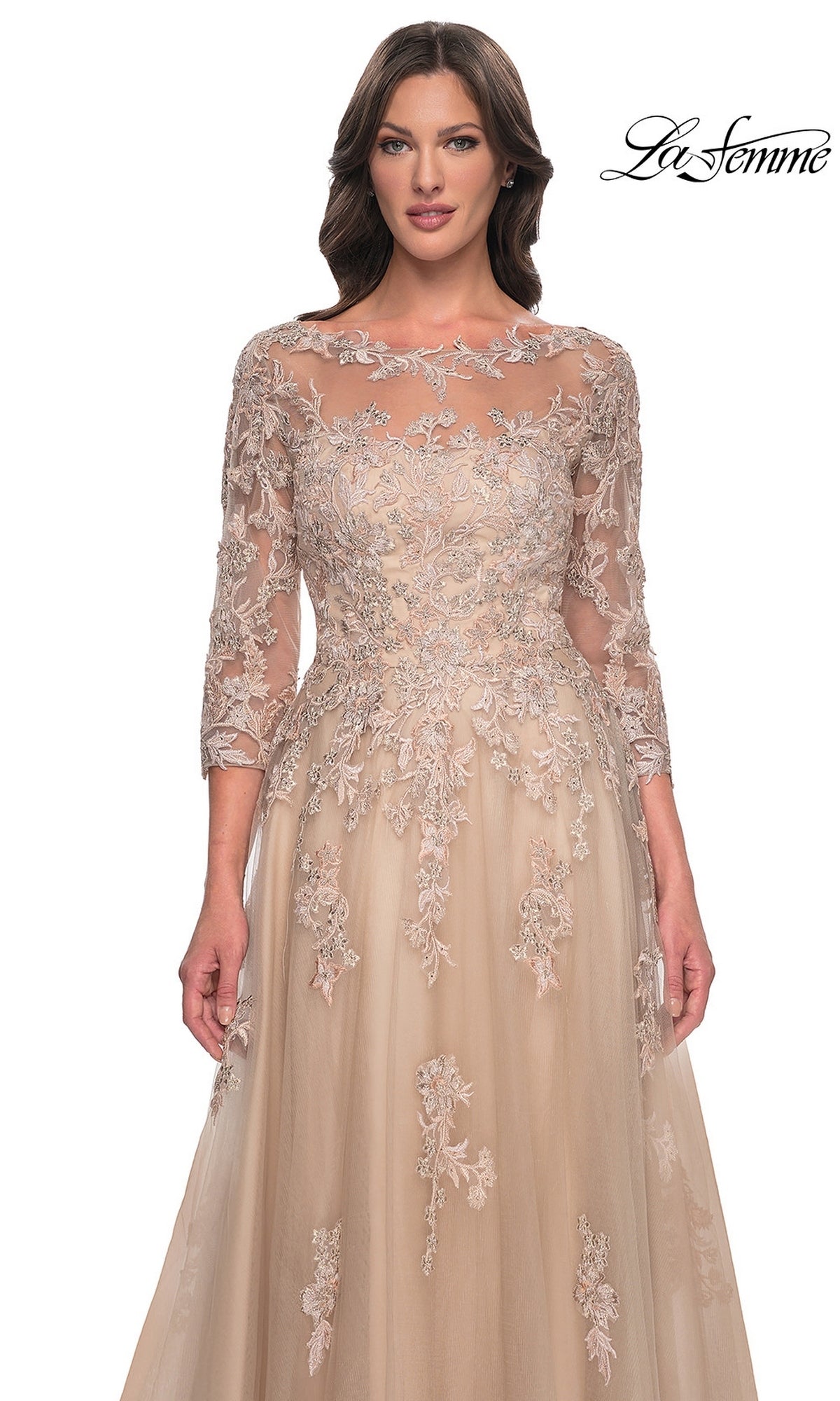 La Femme 30859 beige floor-length mother-of-the-bride dress featuring sheer three-quarter sleeves and a bodice overlay with intricate floral embroidery.