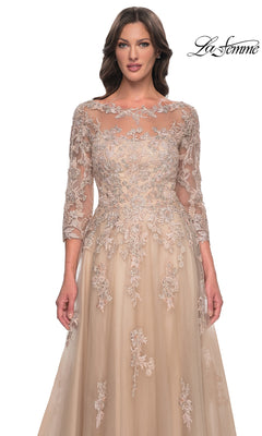 La Femme 30859 beige floor-length mother-of-the-bride dress featuring sheer three-quarter sleeves and a bodice overlay with intricate floral embroidery.