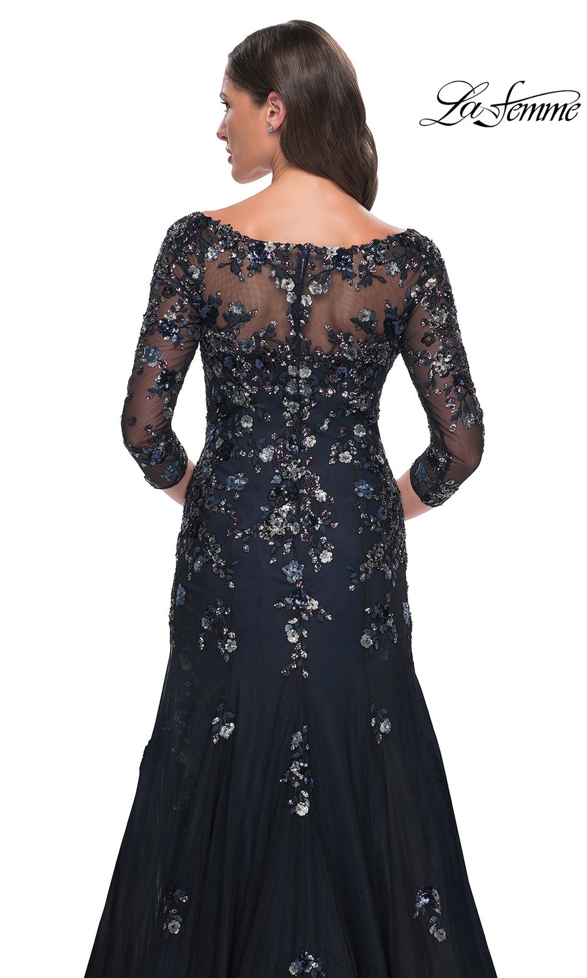 Back view of the Long Formal Dress: La Femme 30860, a navy blue mermaid gown with an illusion neckline and floral sequin embellishments.