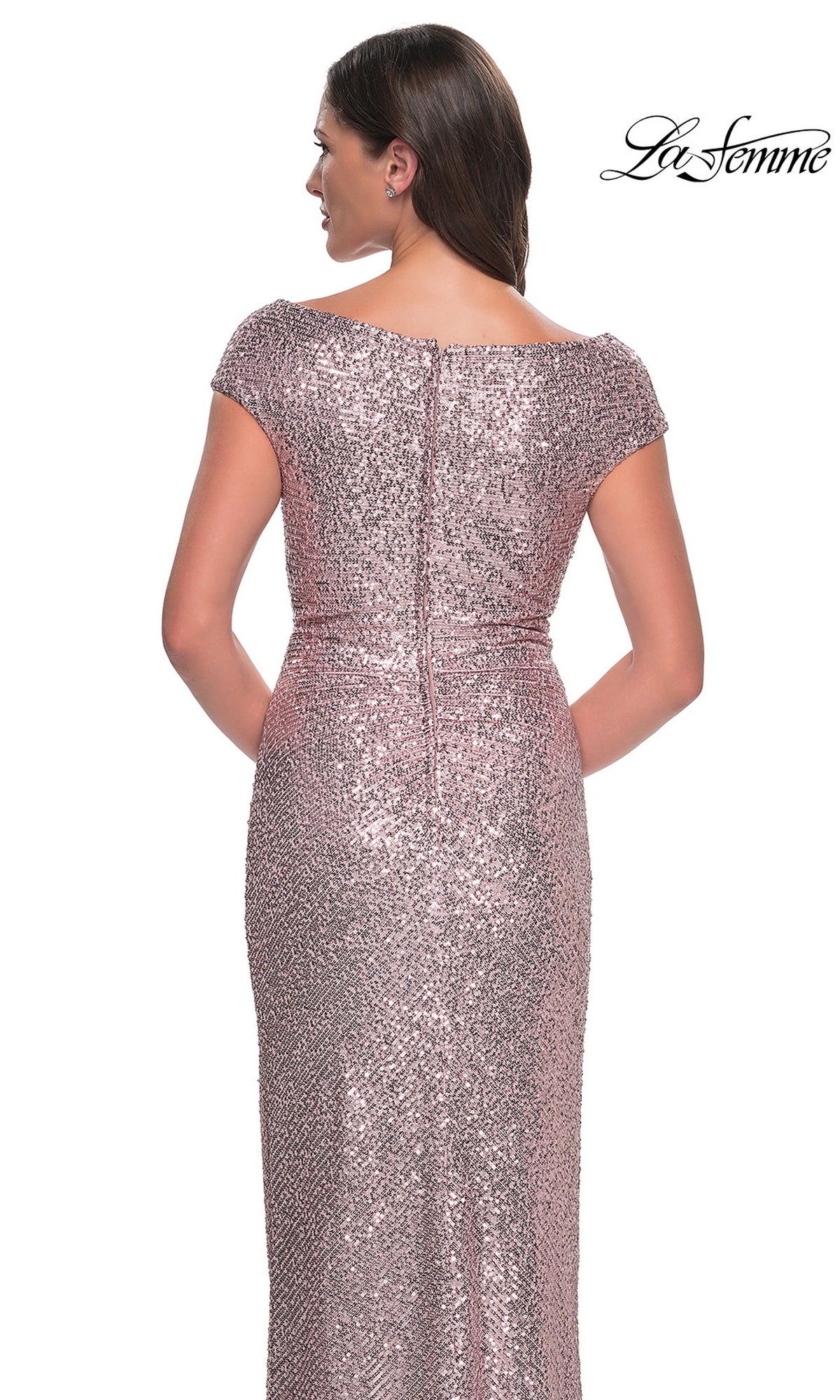 Back view of a woman in a rose gold sequined Long Formal Dress: La Femme 30865 with cap sleeves and an off-the-shoulder neckline.