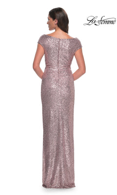 Back view of the Long Formal Dress: La Femme 30865, a rose gold sequin floor-length dress with cap sleeves, an off-the-shoulder neckline, and a sheath silhouette.