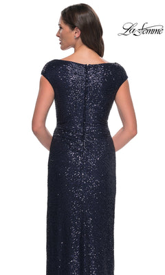 Back view of the Long Formal Dress: La Femme 30865, a dark, sequined sheath gown with a floor-length silhouette, cap sleeves, and a boat neckline.