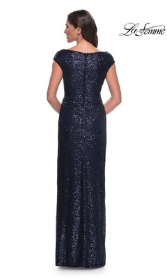 Back view of the Long Formal Dress: La Femme 30865, a floor-length navy blue sequin sheath dress with cap sleeves and a boat neckline.